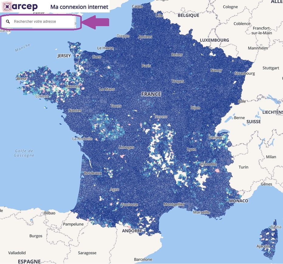 L'Arcep met à disposition un outil « Ma connexion internet » sur lequel vous trouverez l'onglet « Déploiements fibre »