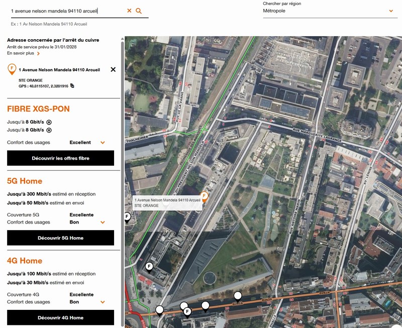 Exemple de la carte de la couverture fibre ORANGE