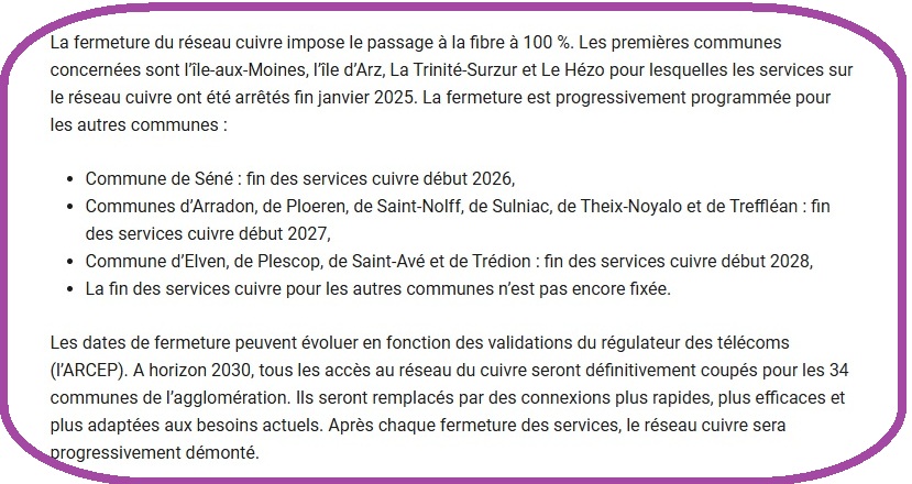 La fermeture du réseau cuivre impose le passage à la fibre à 100 %. Les premières communes concernées sont l’île-aux-Moines, l’île d’Arz, La Trinité-Surzur et Le Hézo pour lesquelles les services sur le réseau cuivre ont été arrêtés fin janvier 2025. La fermeture est progressivement programmée pour les autres communes :